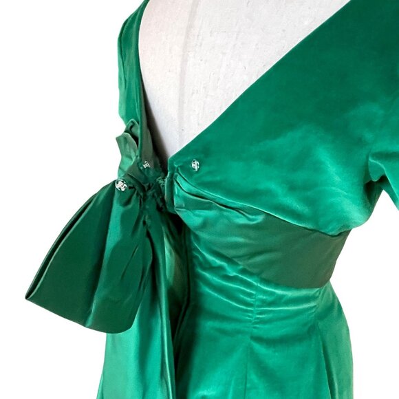 Vtg 1950s Kay Selig Emerald Green Velvet Evening Tea Length Dress Satin Bow Back - Picture 12 of 14